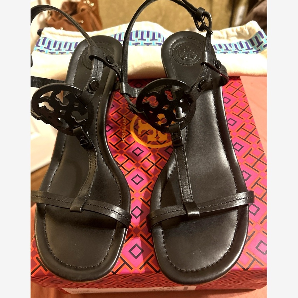 Tory Burch Black Leather Logo Miller Sandals